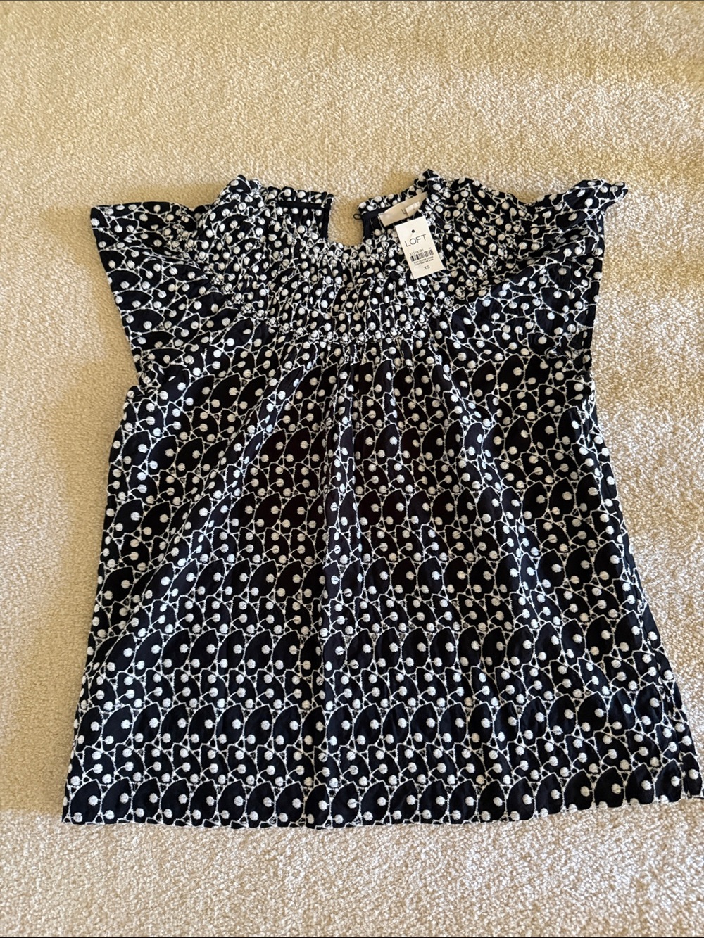 LOFT Black & White Smocked Flutter Cap-Sleeve Blouse